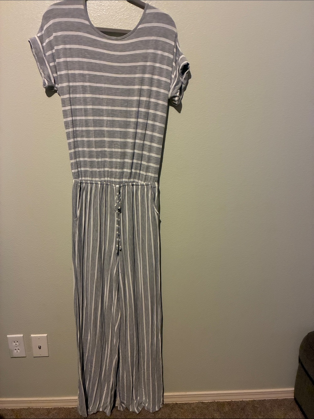 Women’s Gray & White Striped Jumpsuit - Casual Drawstring Waist